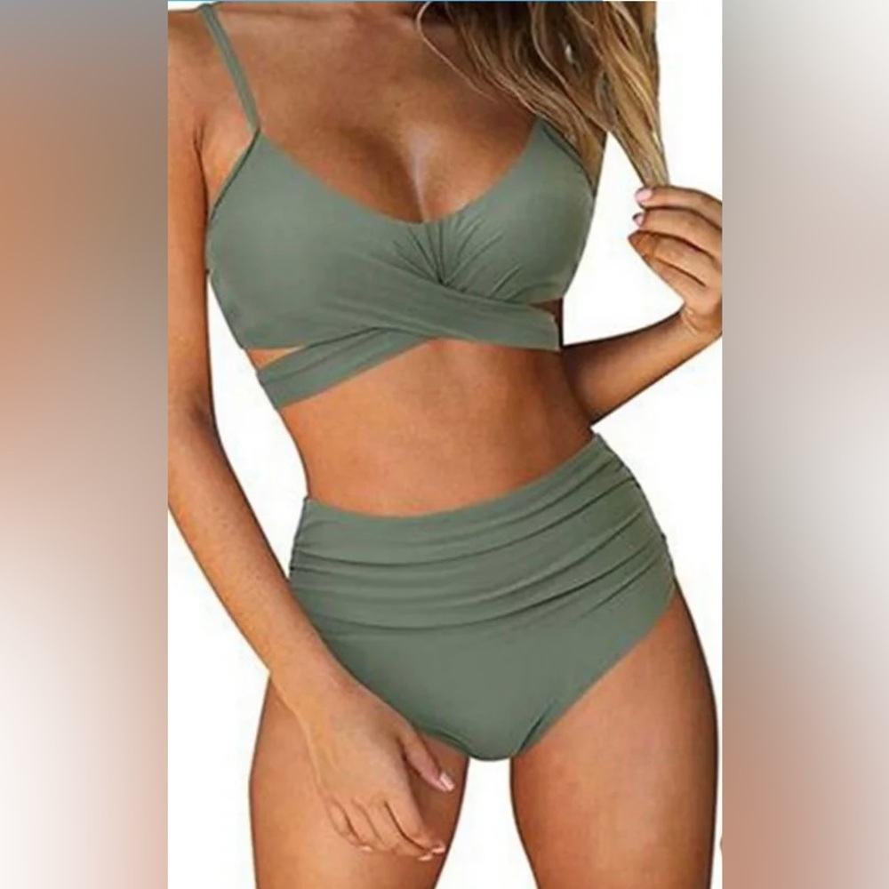 Olive Green Criss Cross Bikini High Waisted Set Medium